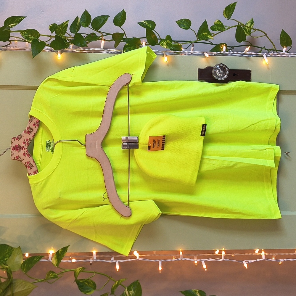 Men's Jerzees Highly Visible Neon Yellow Green Safety Working T-shirt XL + Hat